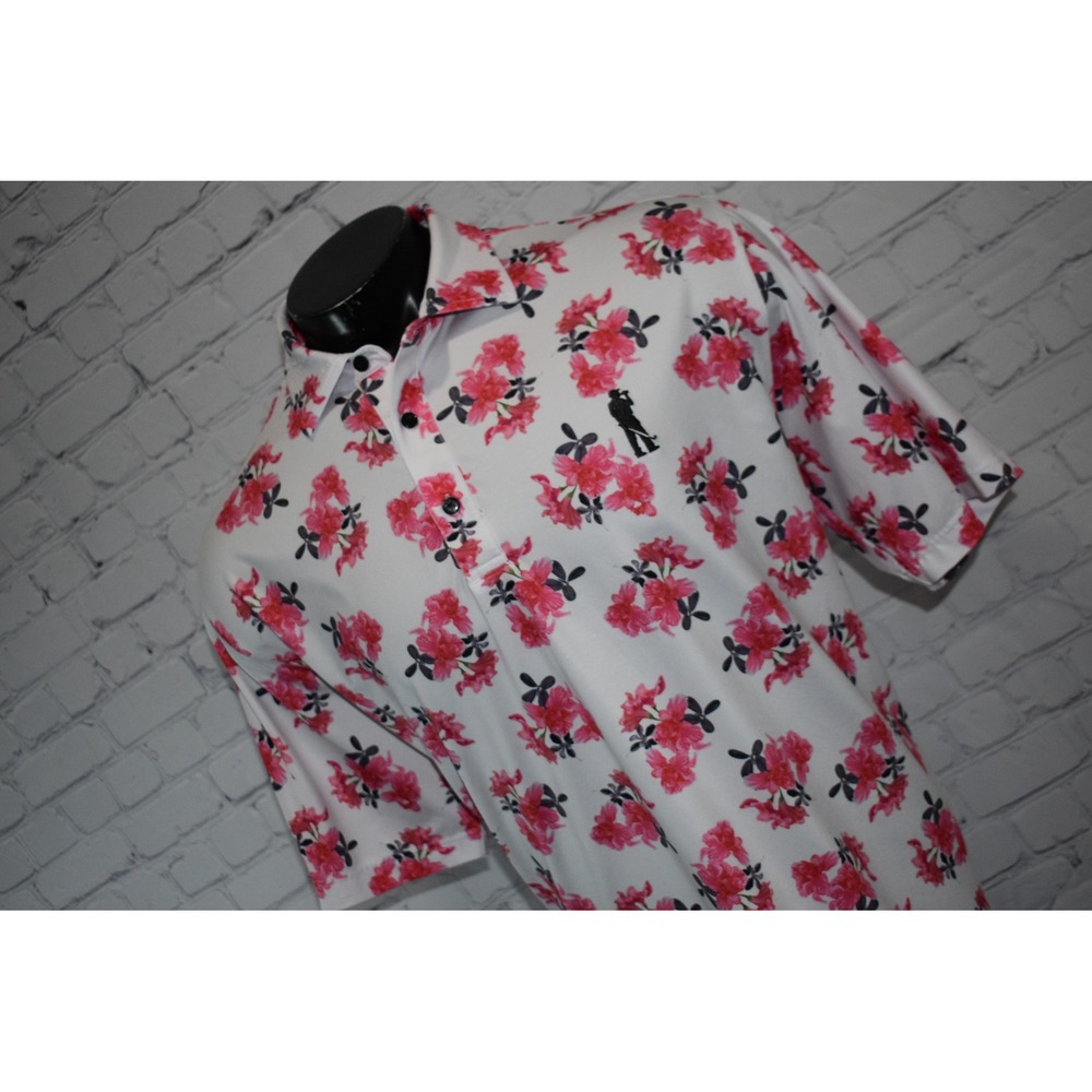 U Suck at Golf Polo Mens XXL White Pink Floral Performance Short Sleeve Shirt **
